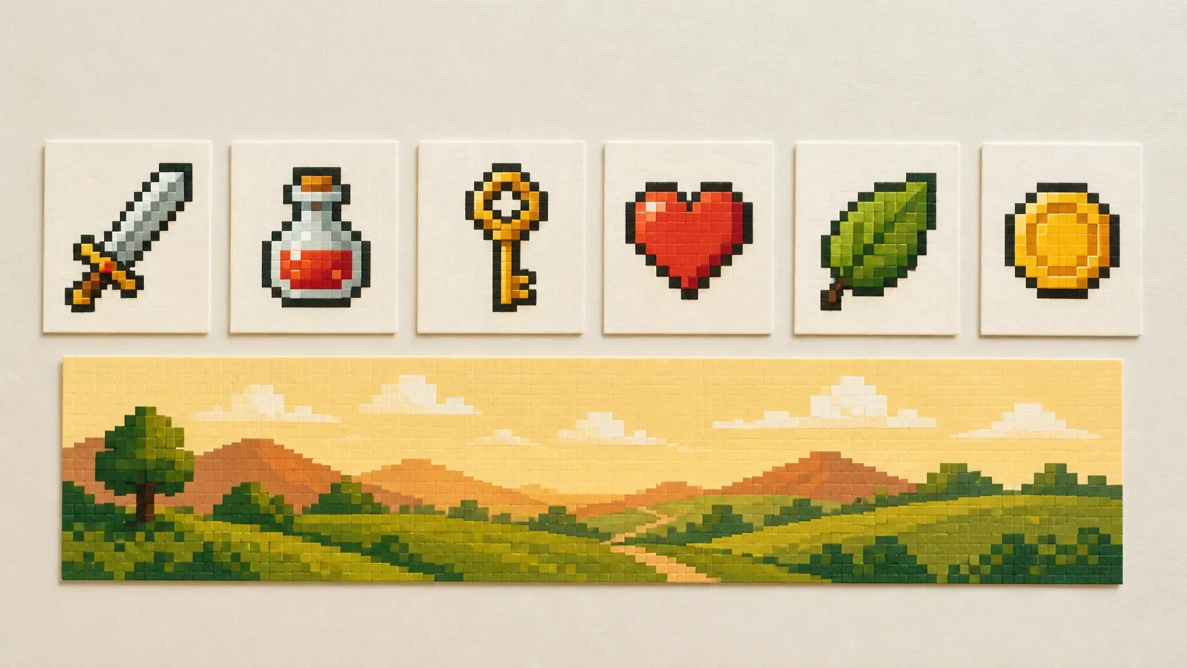 A tight grid of small pixel art icons and a wide pixel banner in warm limited retro colours