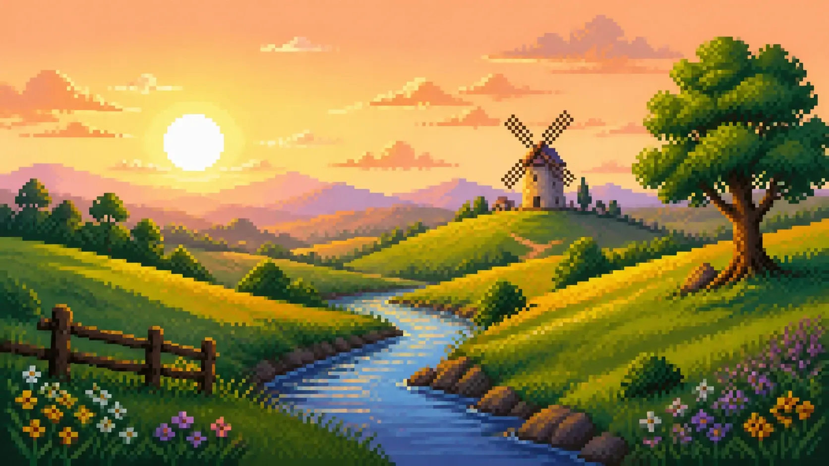 A crisp pixel art landscape at full resolution with clean unbroken edges and no watermark