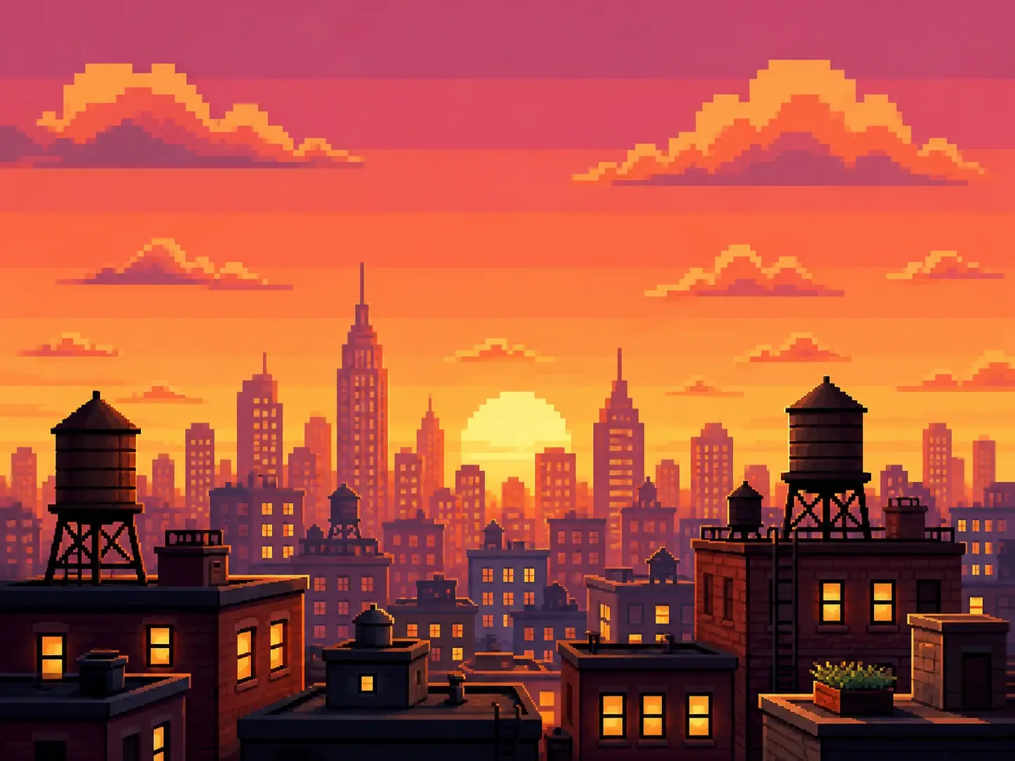 A retro pixel art city at sunset built from clean blocky squares in a limited colour palette