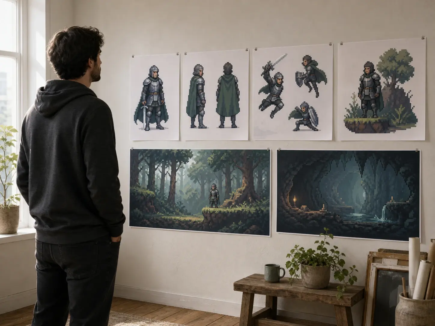A sheet of pixel art hero concepts and level scenes pinned above an indie developer's desk
