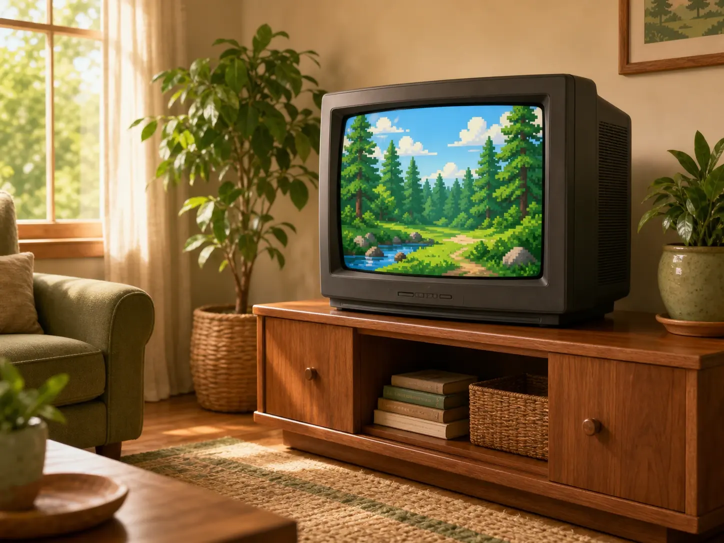 A blocky low colour 8 bit scene glowing on an old style console screen in a warm living room