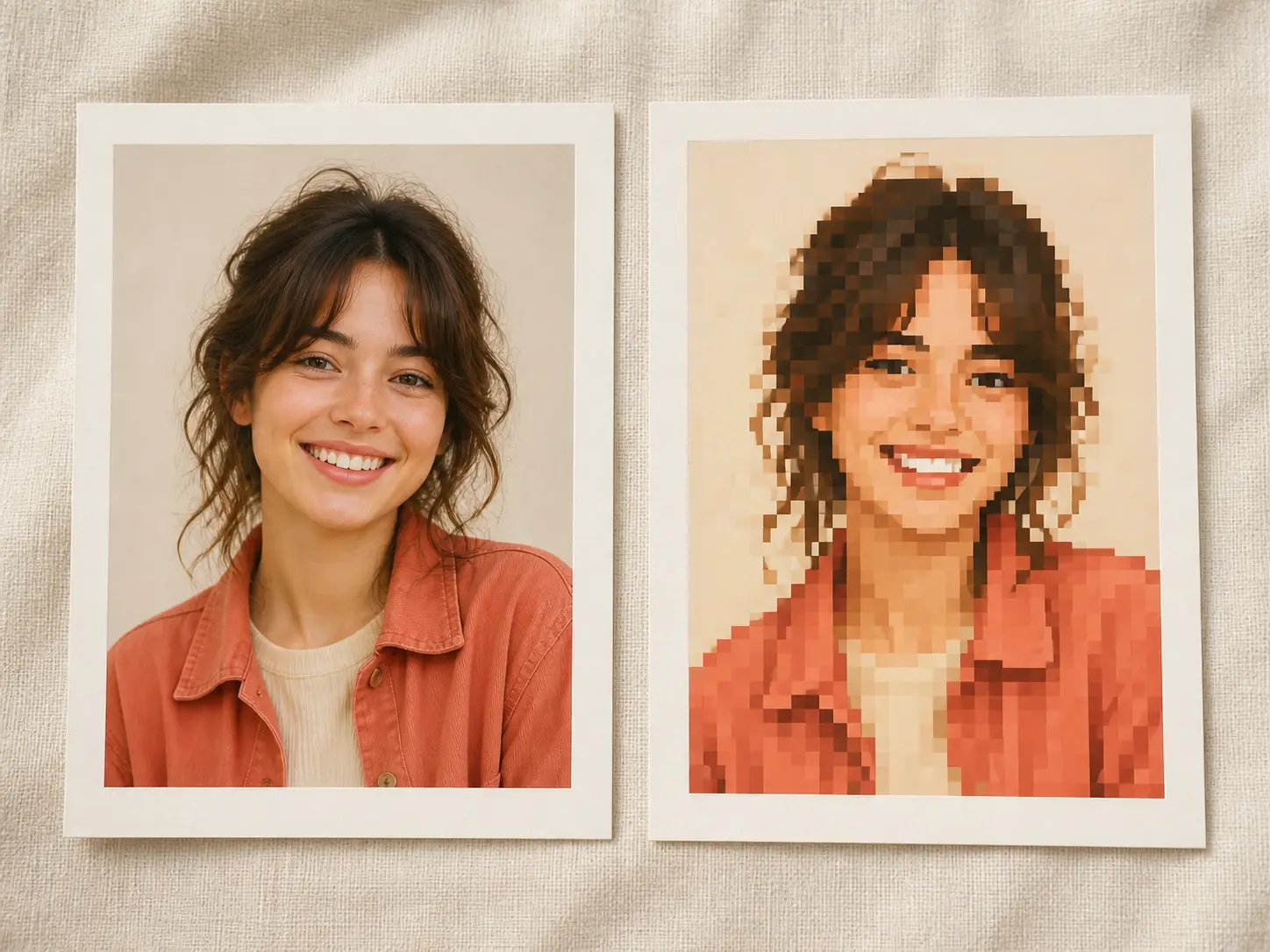 An everyday phone snapshot shown next to its blocky pixel art portrait version