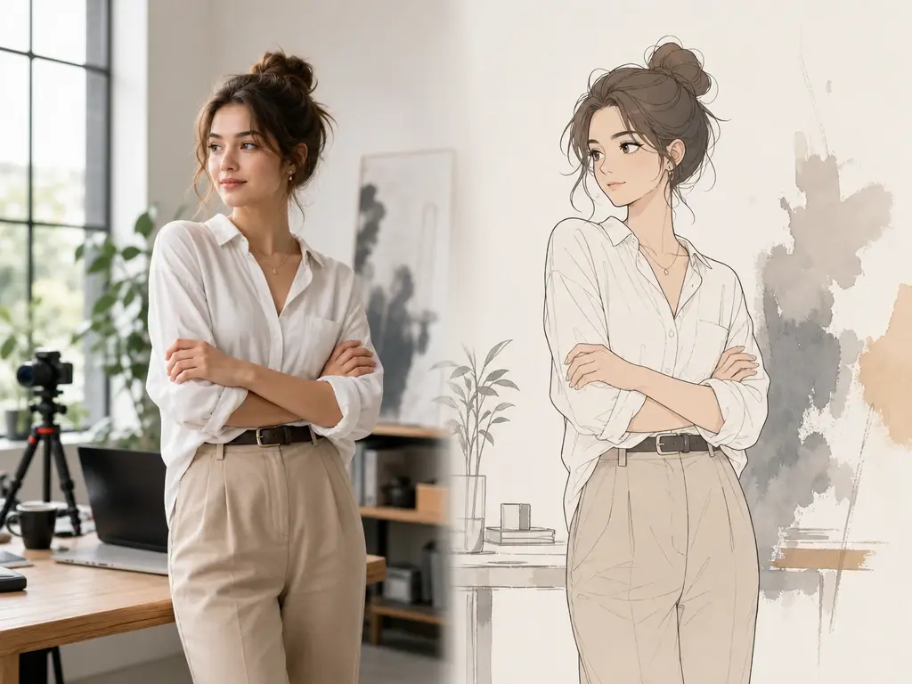 Two generated pose images of the same standing figure, one realistic and one anime line style