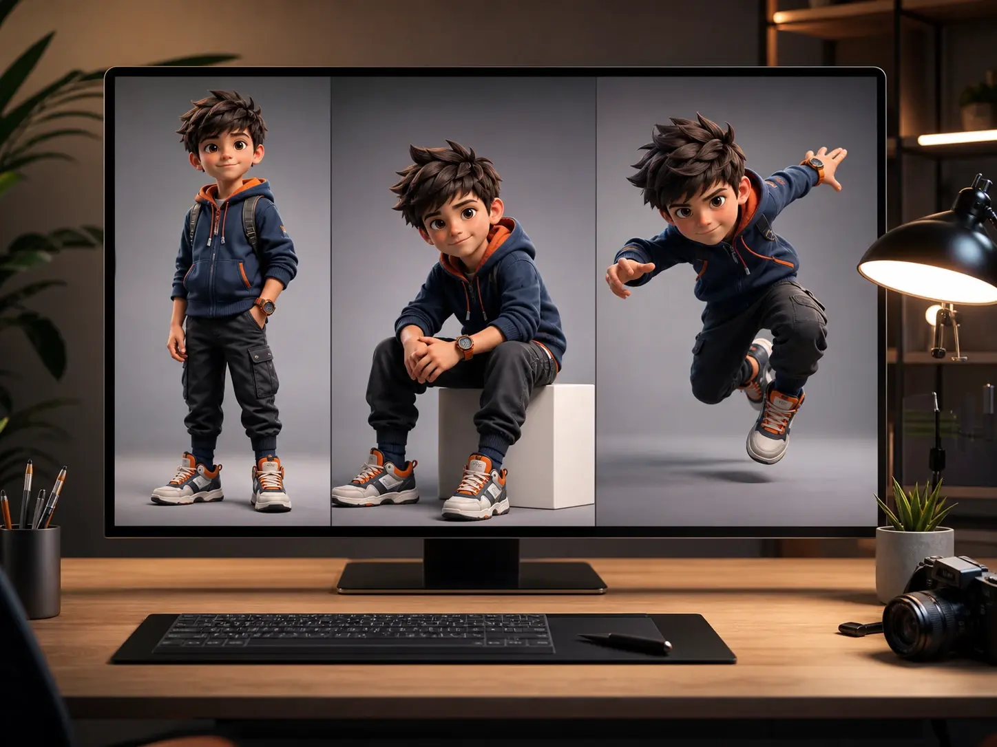 Three generated images of the same character in standing, seated and action poses side by side