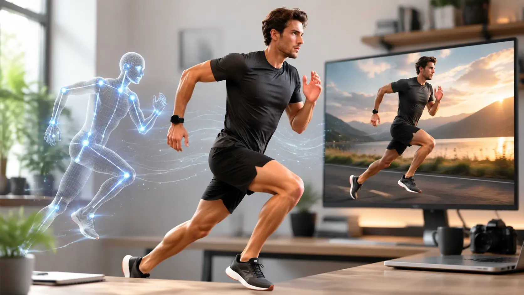 Prompt text describing a running figure beside the generated pose reference image of that runner