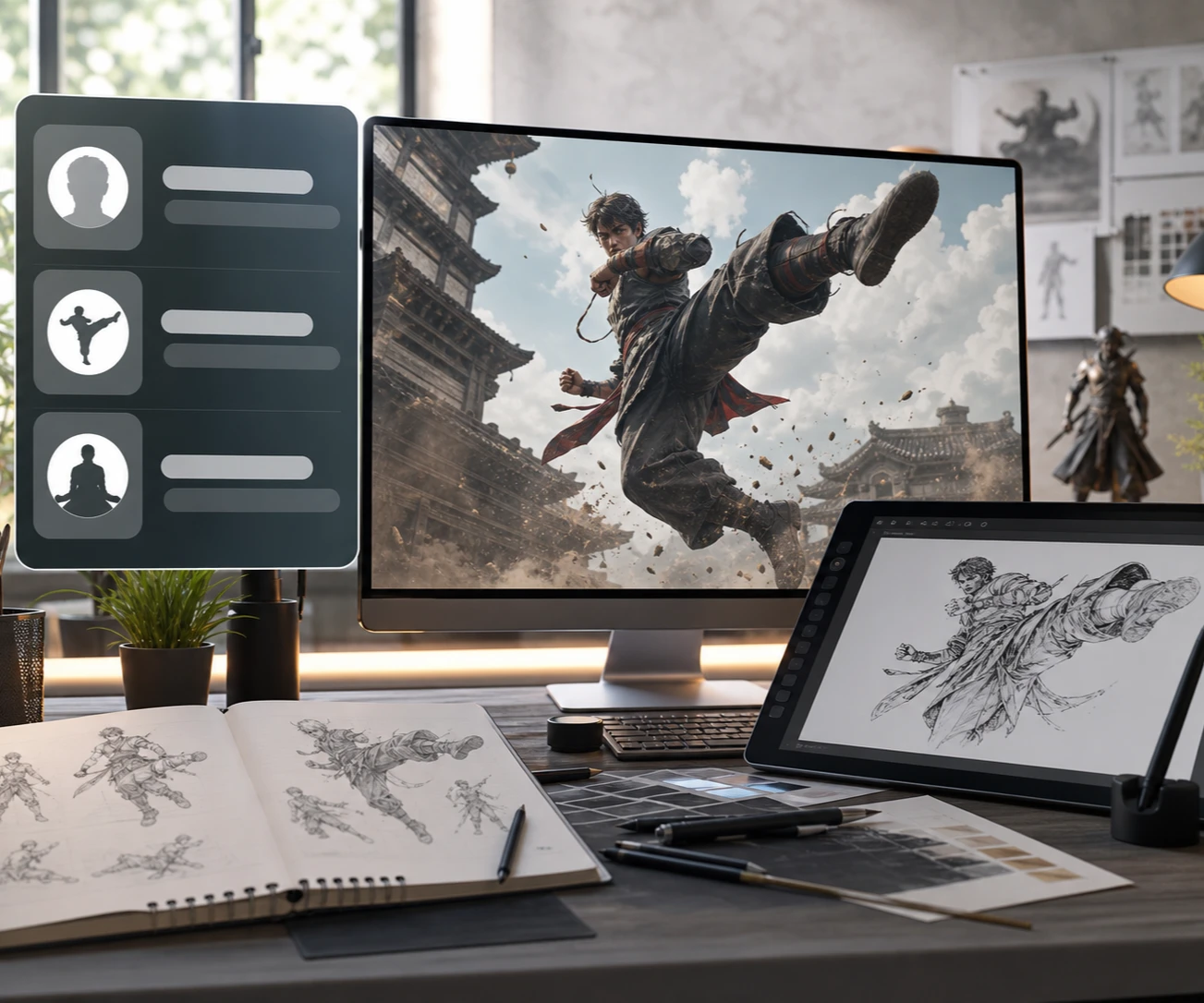 Pose reference generator prompt box naming character, kicking action and low camera angle