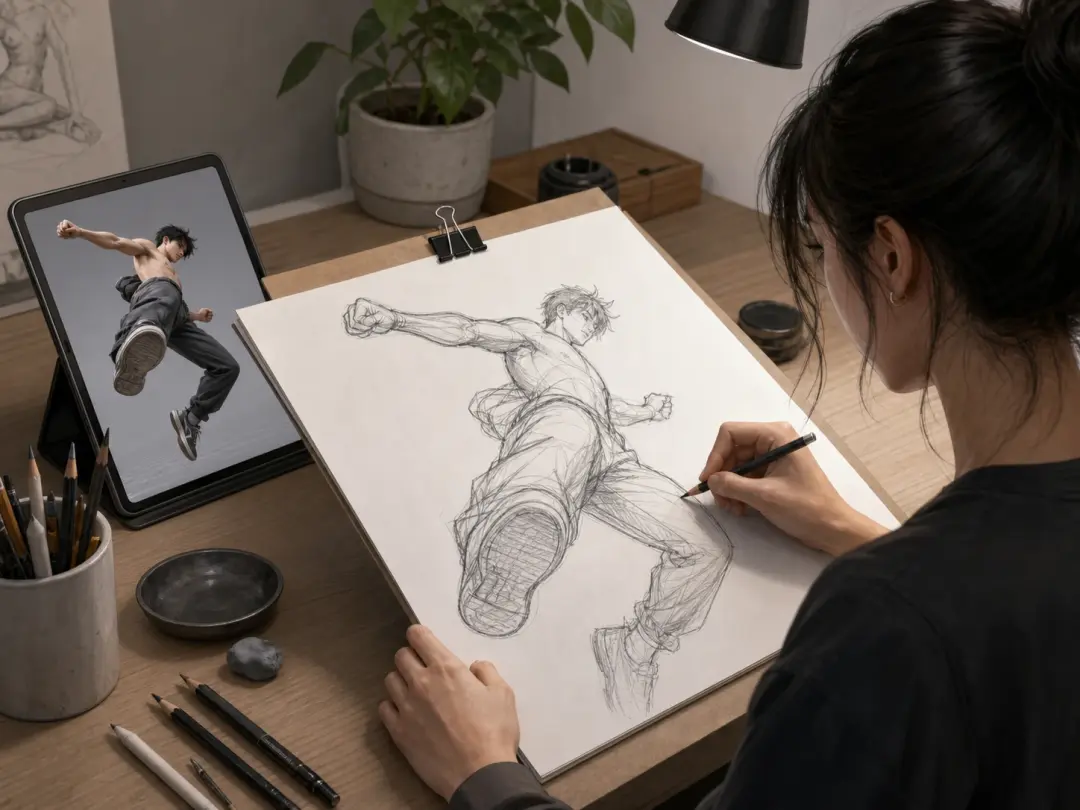 Illustrator at a desk sketching a low angle figure from a generated pose reference image on screen