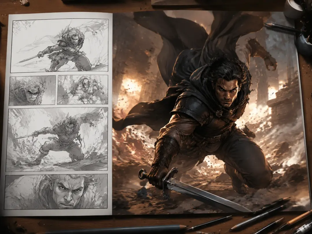 Comic page layout with panel thumbnails beside a generated three quarter view lunging pose image