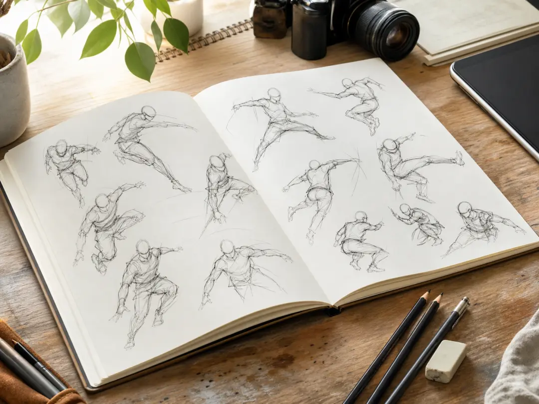 Sketchbook page of quick gesture studies drawn from generated figure pose reference images