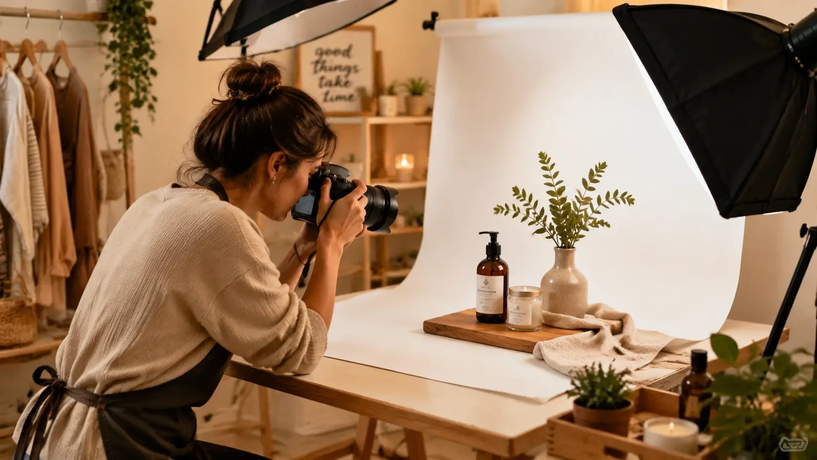 Small business owner generating product visuals with the realistic AI image generator