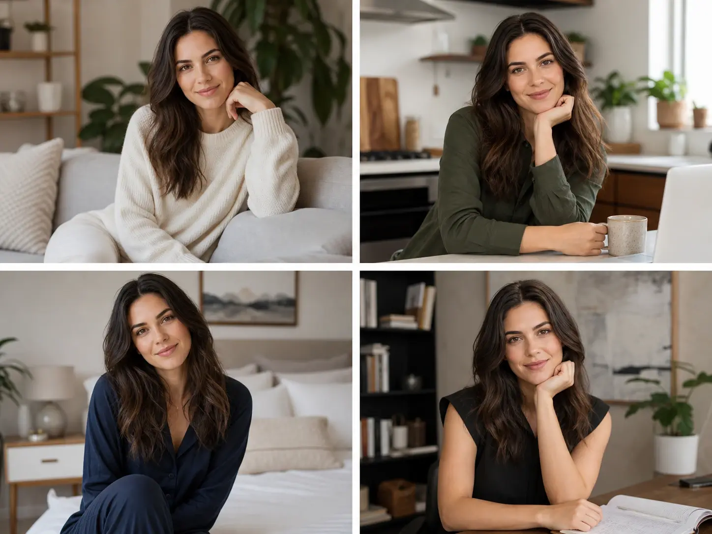 Four photos of the same invented woman in different outfits and rooms, one face