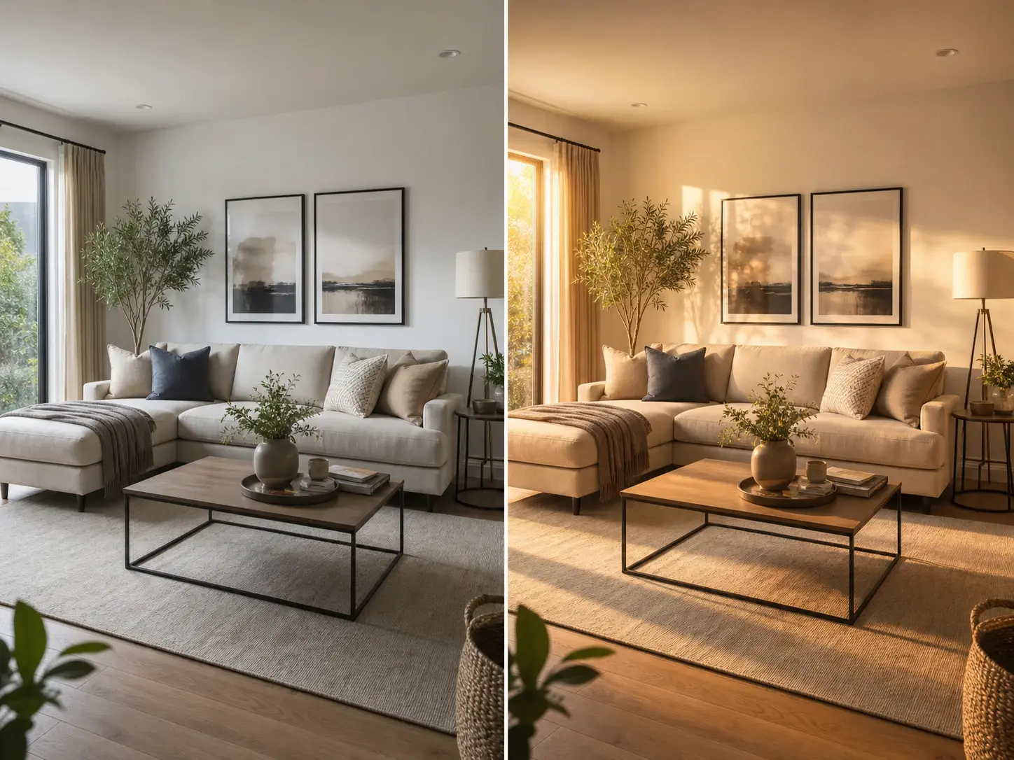 Reference photo of a living room beside a newly generated version in warmer light