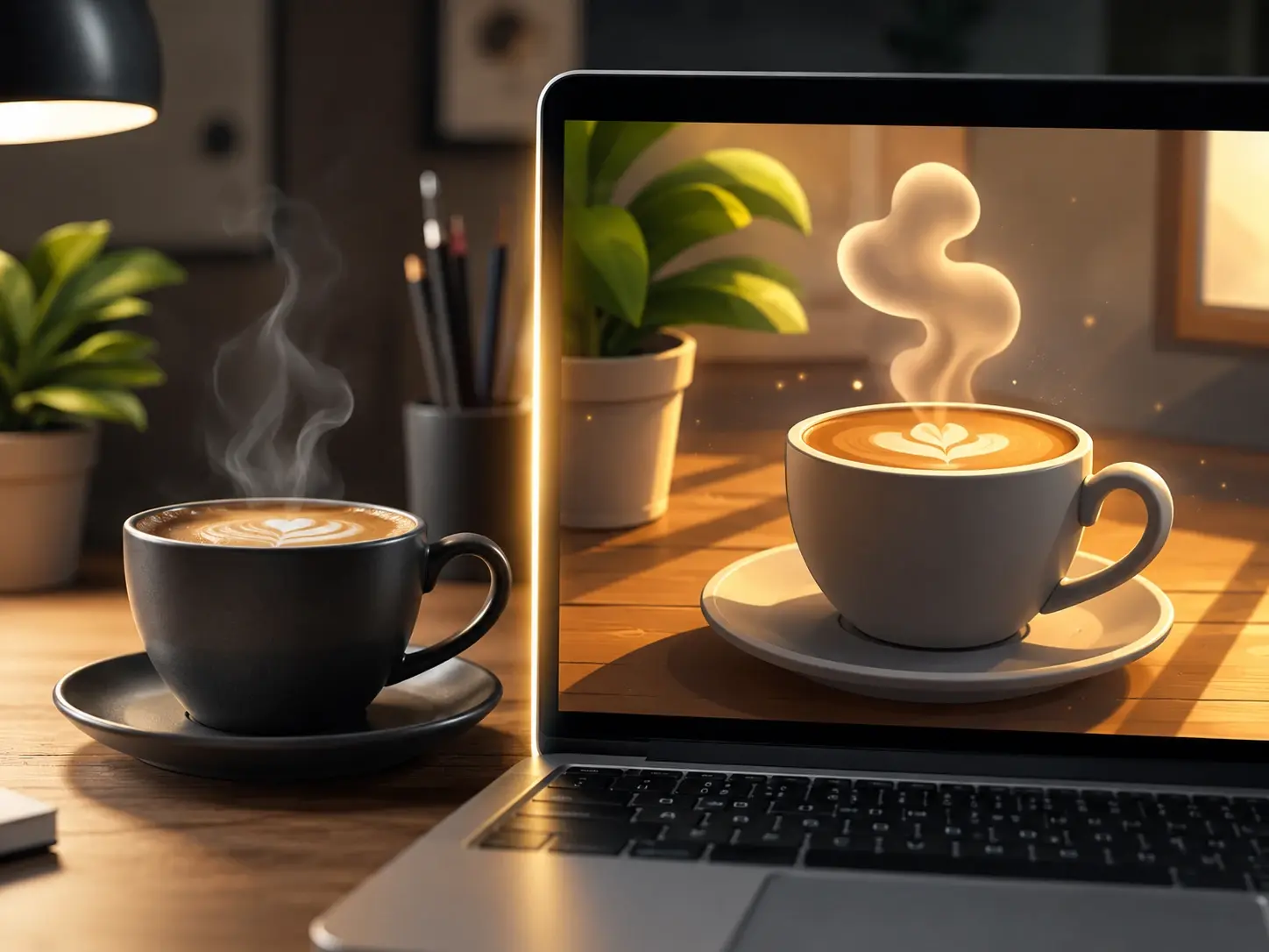 Generated still of a coffee cup beside its animated video version in a workspace