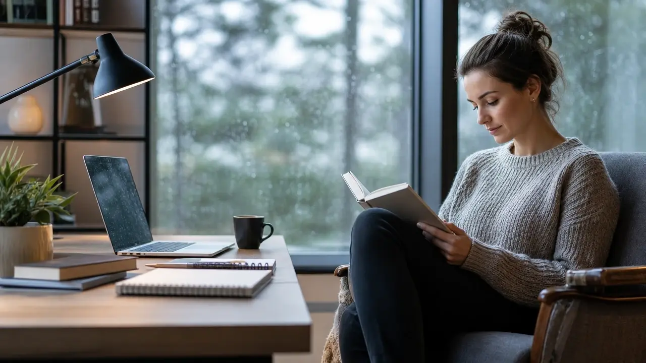 Realistic AI photo of a woman reading by a rain streaked window in cool afternoon light