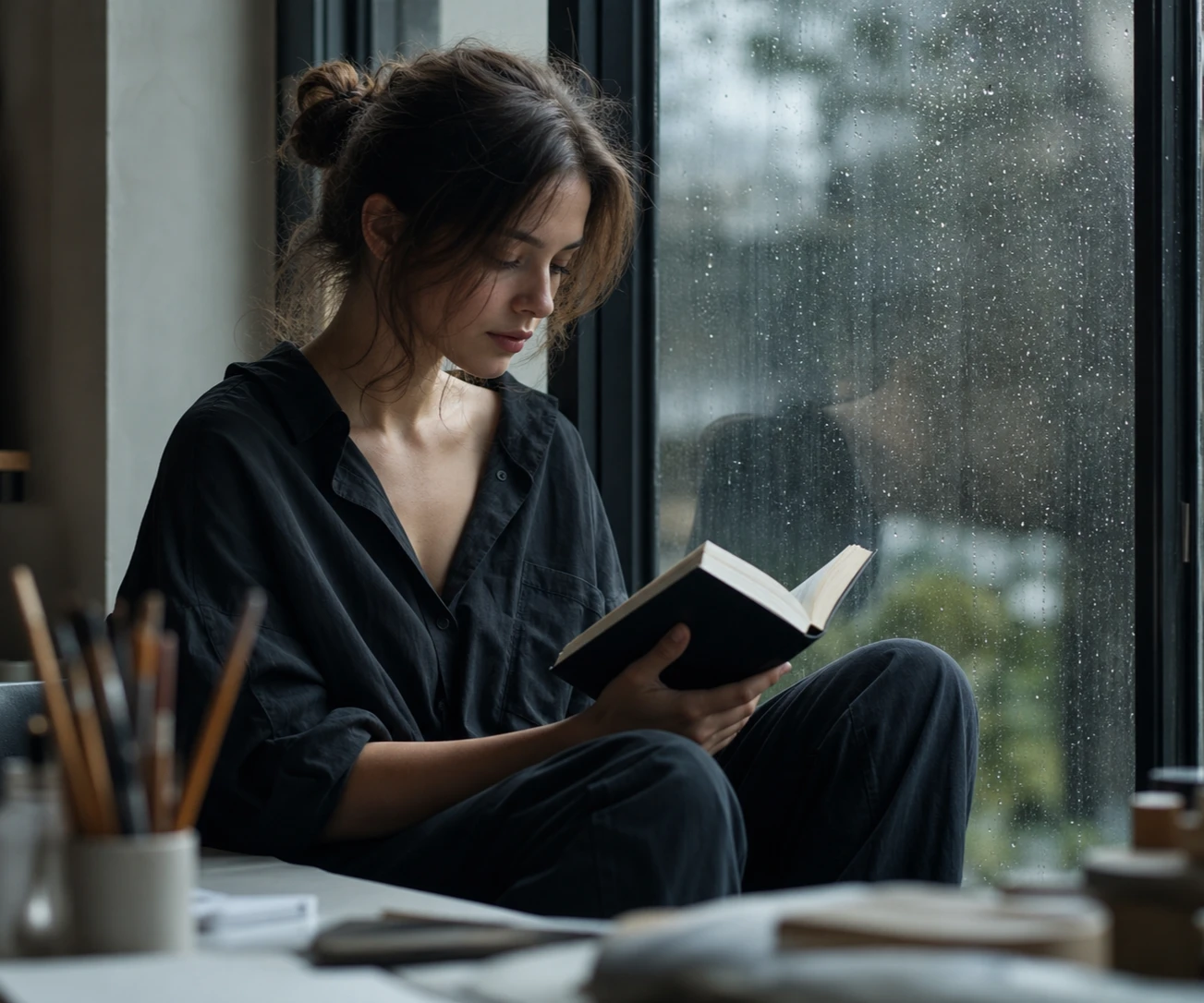 Text box holding a prompt about a woman reading by a rain streaked window in cool light