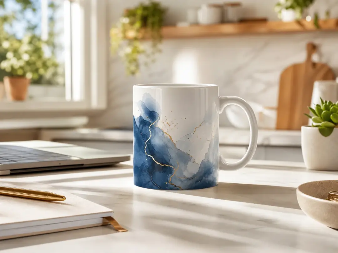 Ecommerce ad frame of a ceramic mug on a sunlit kitchen counter with soft shadows