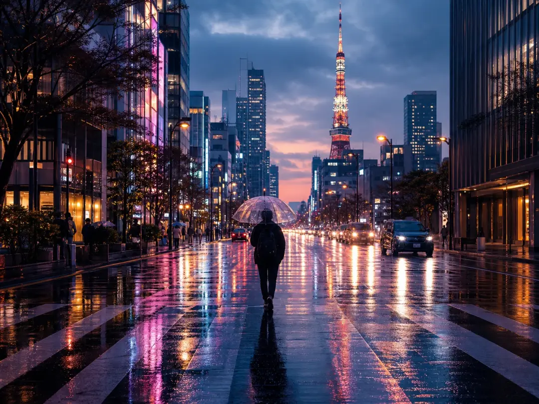 Blog header image of a rainy Tokyo street at dusk with reflections on the pavement