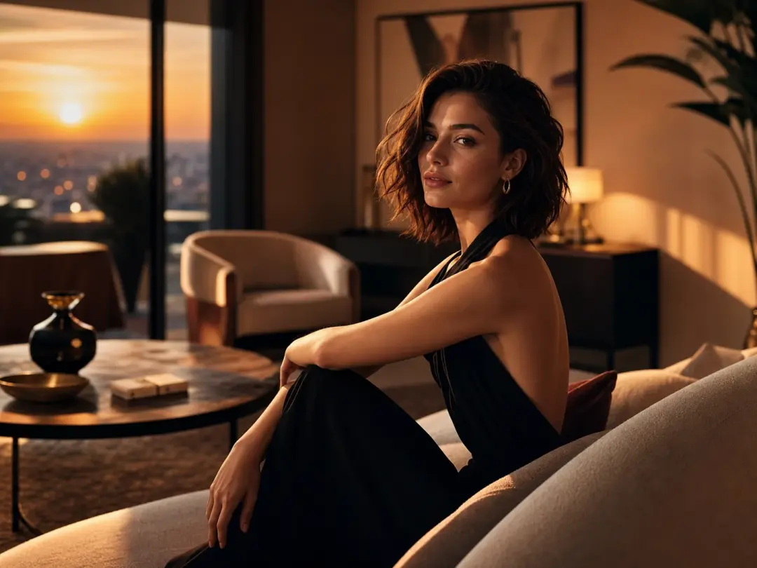 Pitch deck concept frame of a lounge interior in evening light with a fictional model