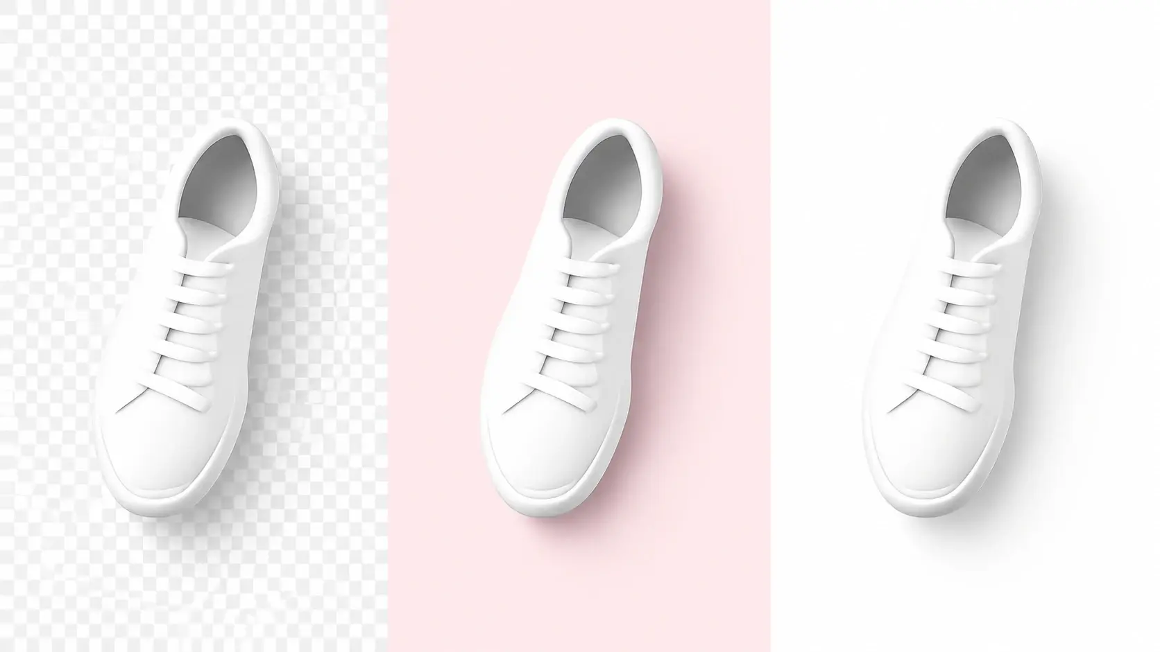 Same sneaker exported on transparent, pink, and white backgrounds