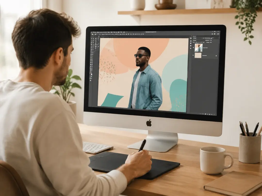 Graphic designer compositing a cutout subject layer onto a new canvas