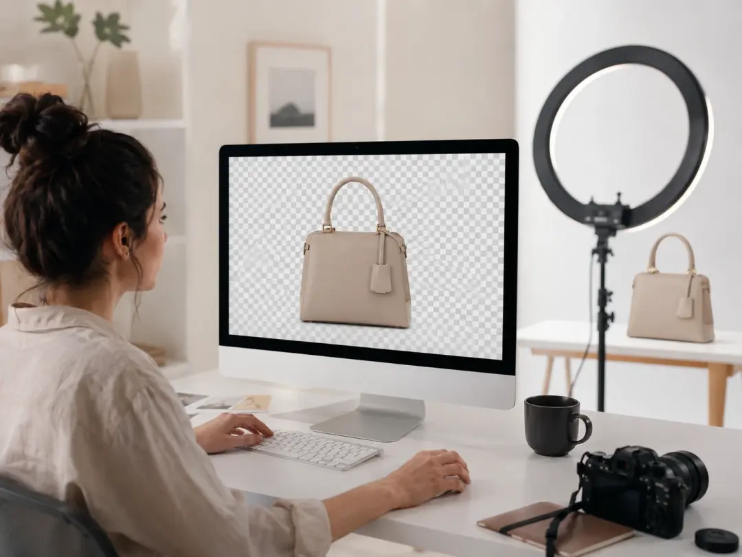 Ecommerce seller reviewing a product photo with background removed on screen
