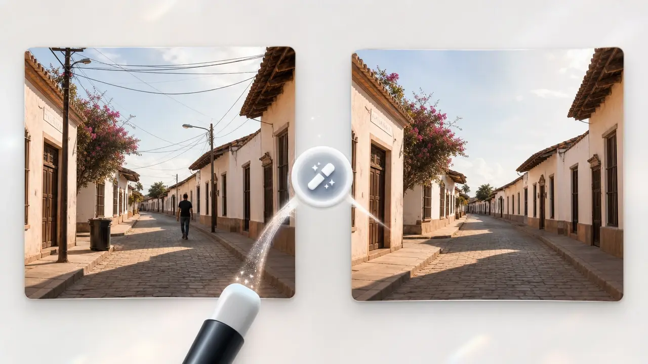 One photo losing overhead wires, a trash can, and a distant stranger after brushing with VideoAI