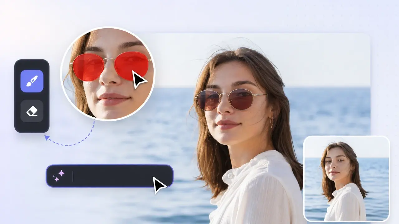 A cursor brushing a red mask over glasses while a prompt field names the object in VideoAI
