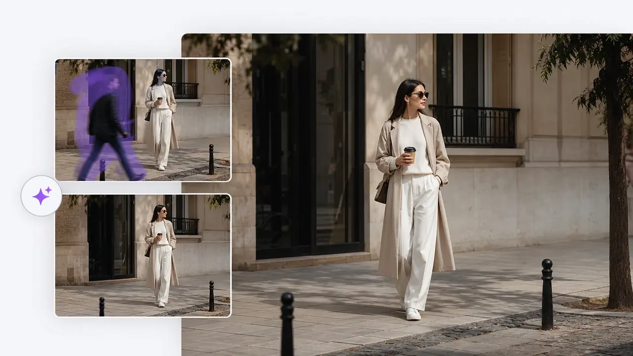 Street photo with a stray passerby brushed out and the background rebuilt cleanly by VideoAI