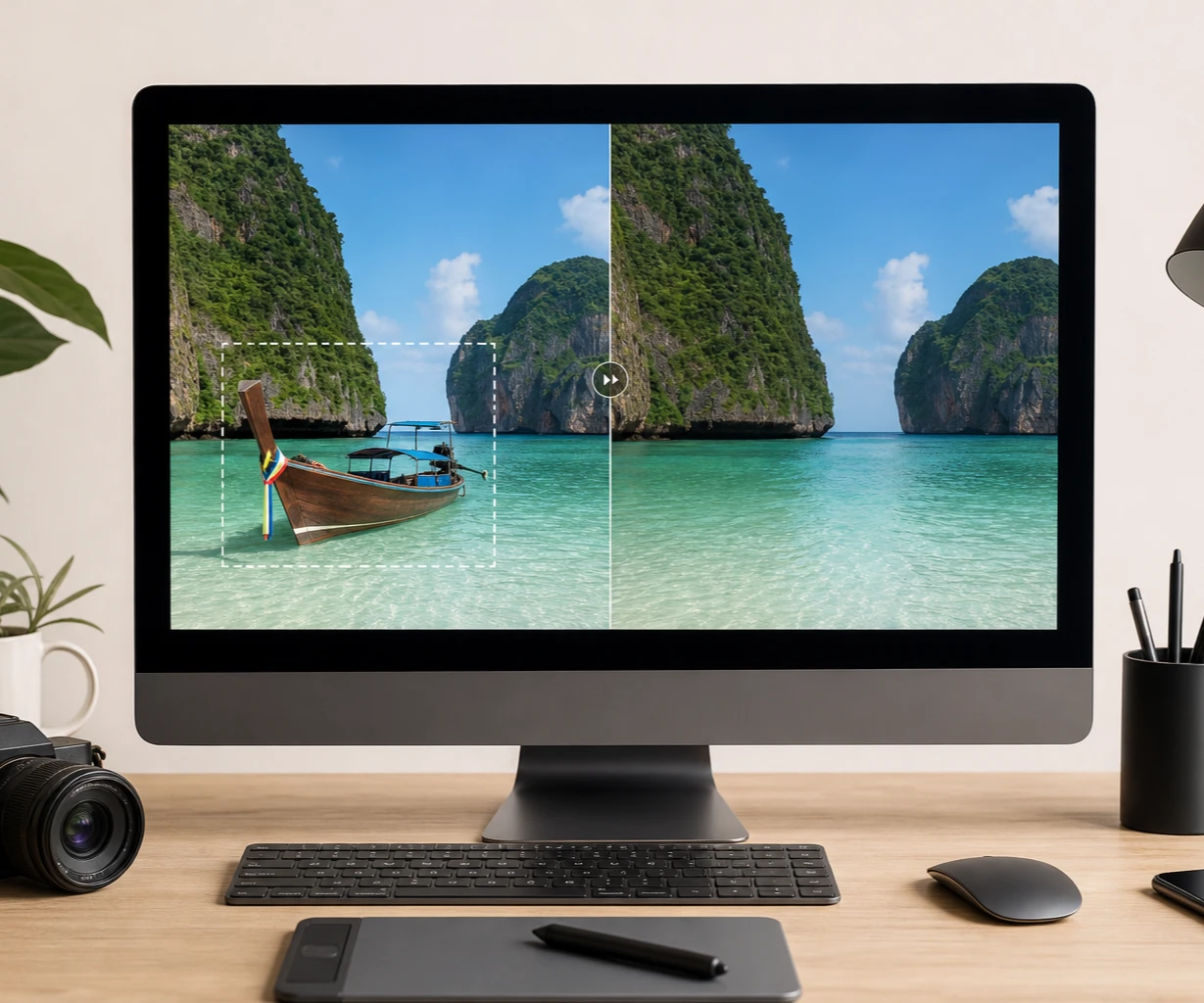 Add a JPG, PNG, or WebP file to begin. The photo lands in your workspace rather than a temporary tab, so it is still there when you come back to keep editing.