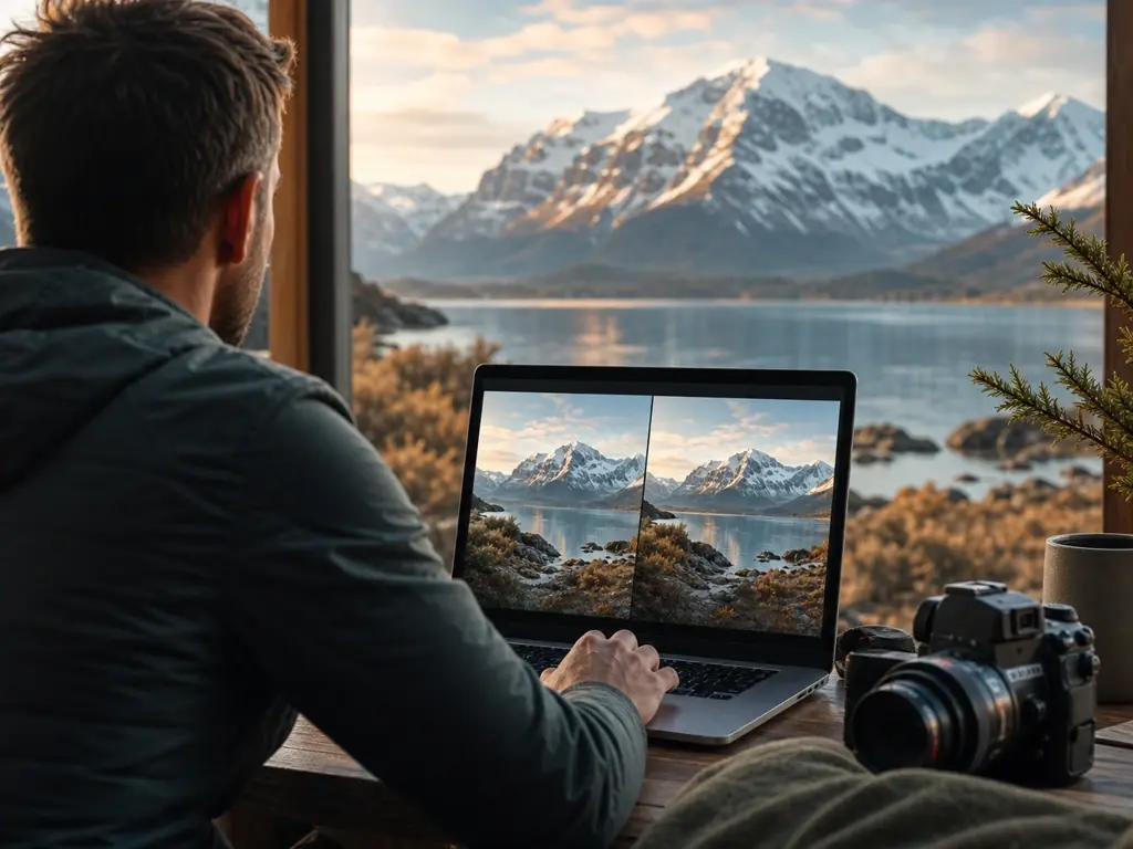 A photographer reviewing a landscape on screen with a distracting sign removed in VideoAI