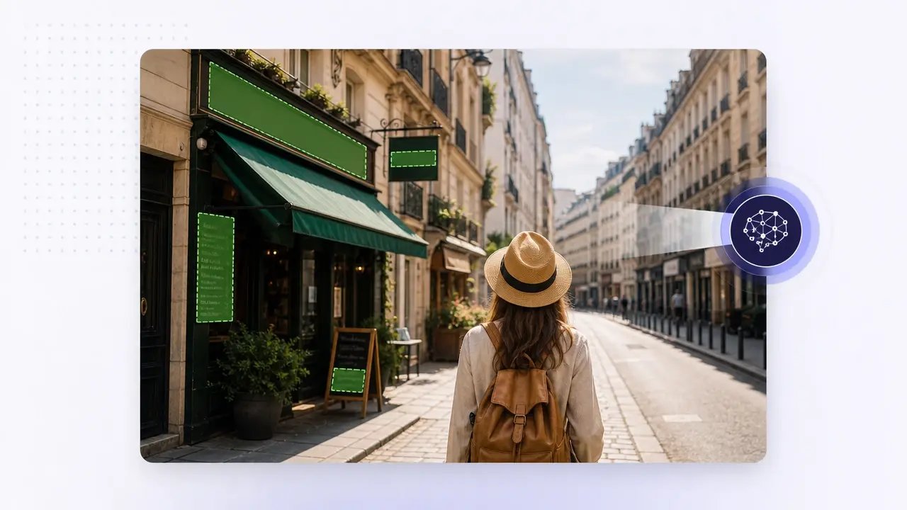 AI detection overlay marking printed words and a caption bar on a street photo before cleanup.