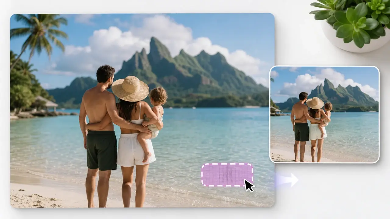 Manual selection box drawn around a date stamp in the corner of a vacation photo for removal.