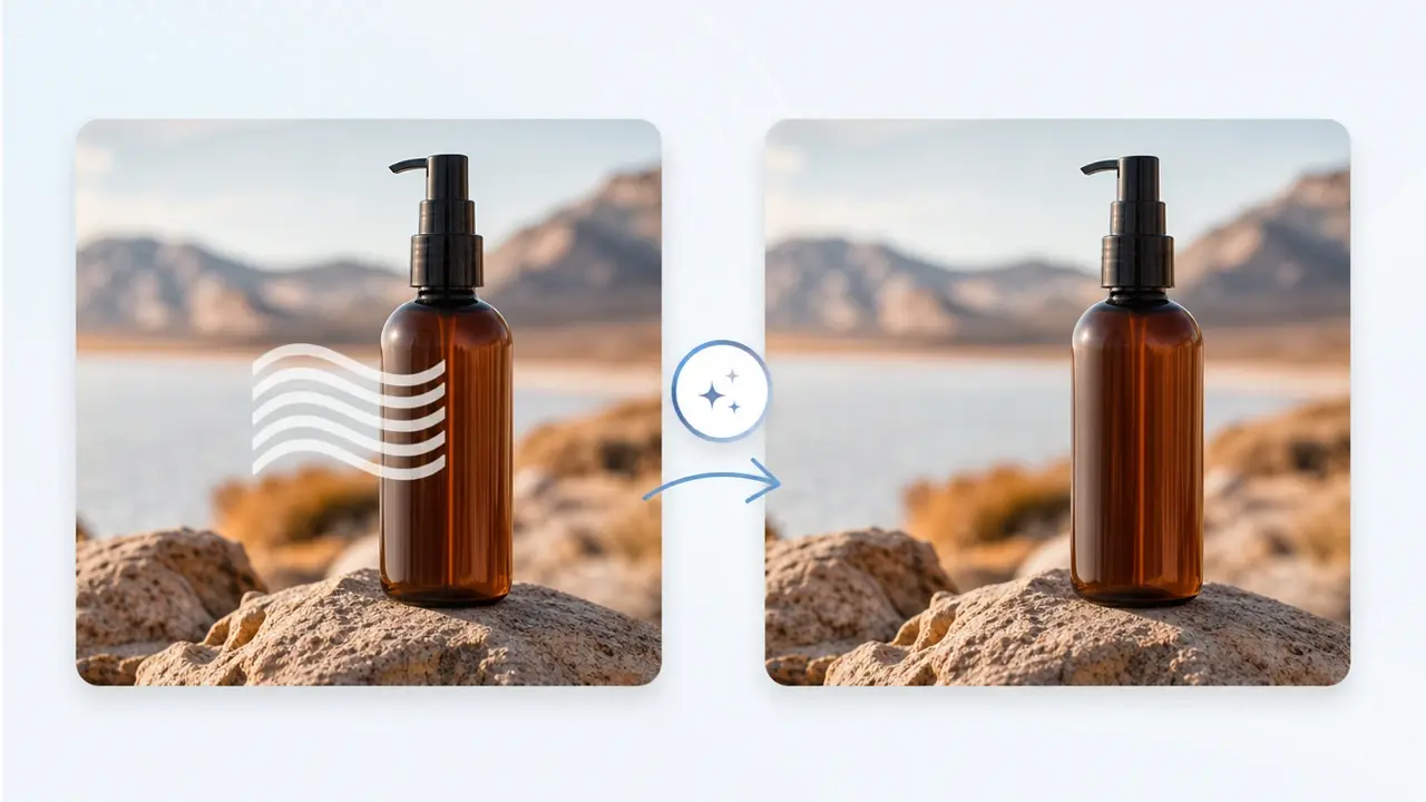 Before and after view of a product photo with a watermark erased and the background filled back in.