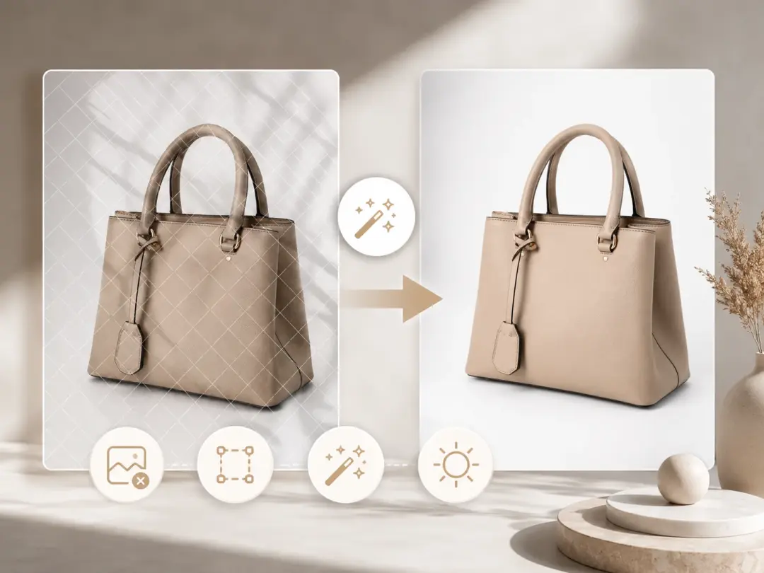 Online store seller removing a supplier watermark from a product photo for a shop listing.