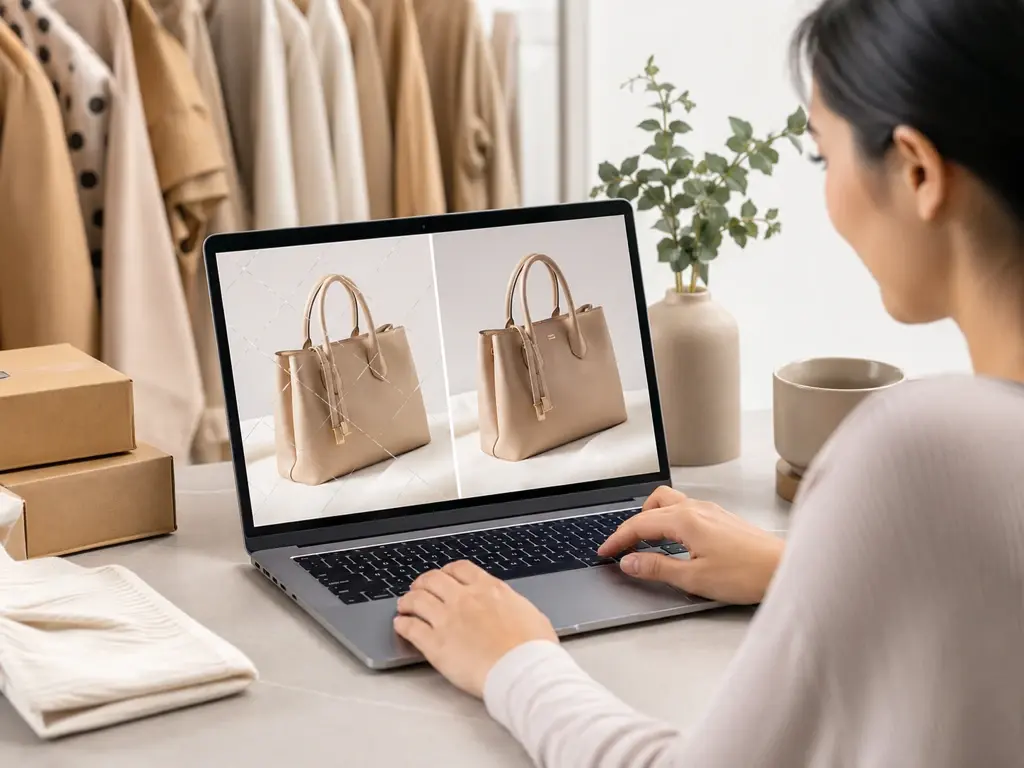 Online store seller removing a supplier watermark from a product photo for a shop listing.