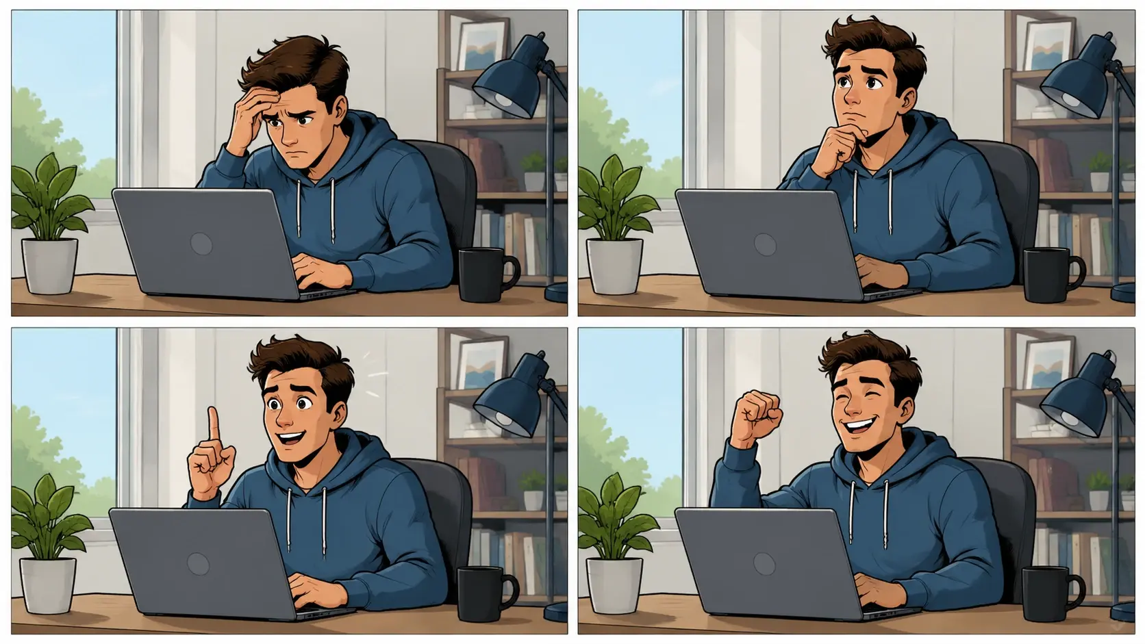 Four video frames with consistent comic book style rendering
