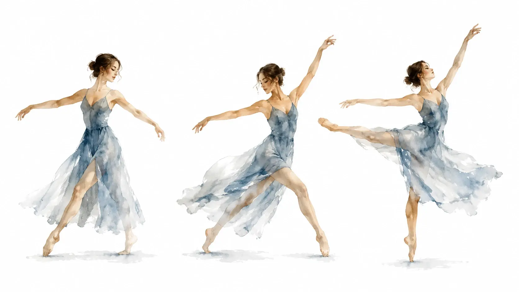 Dancer in motion across three watercolor-styled video frames