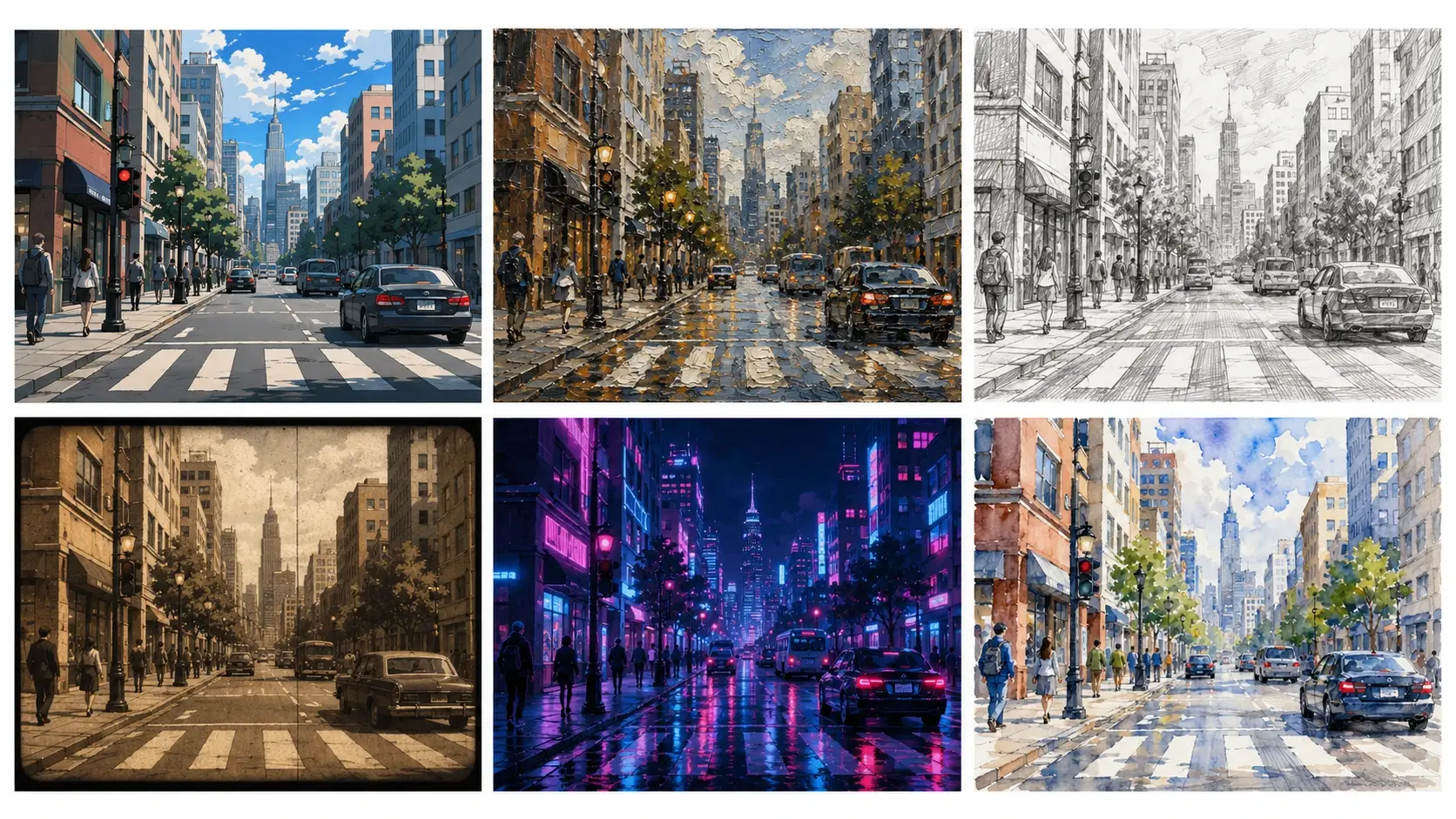 City street frame in six different style presets grid