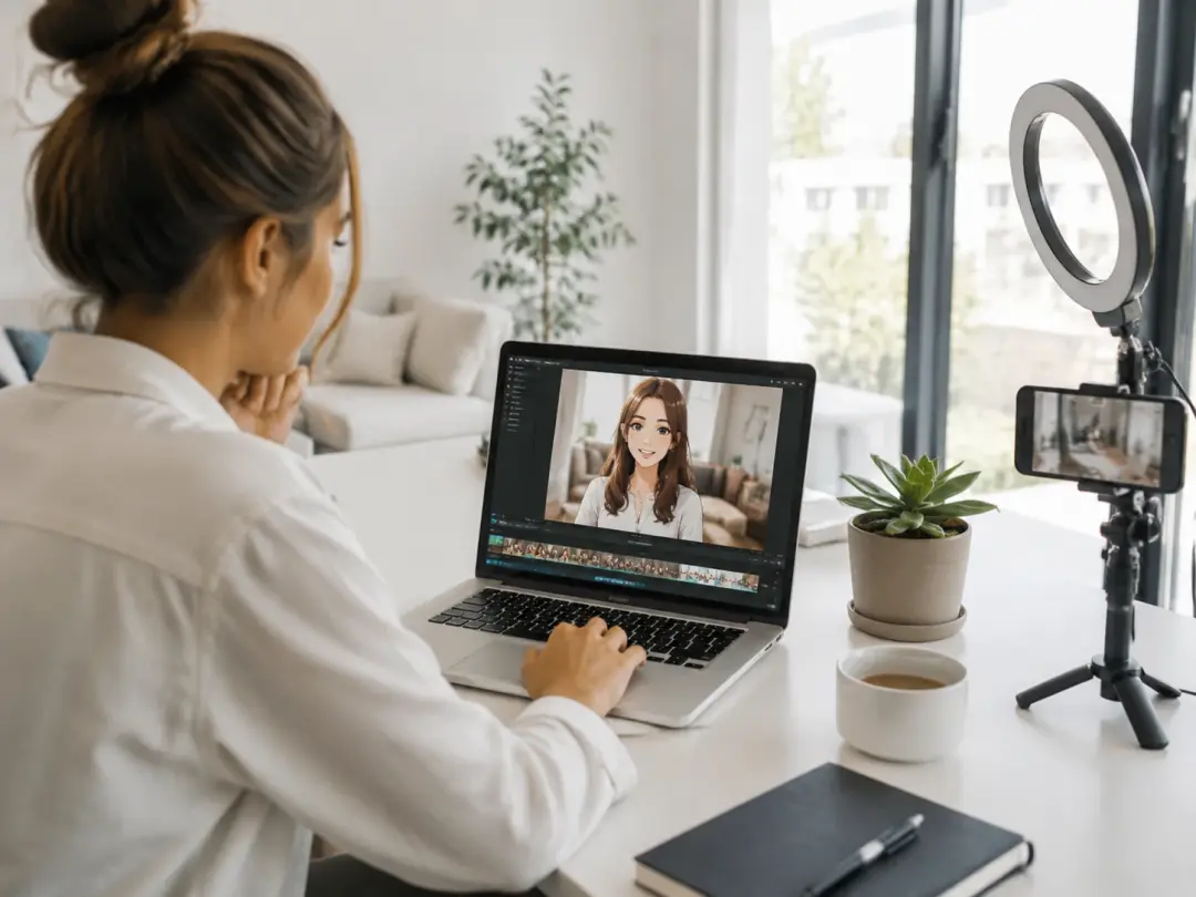 Social media creator viewing anime-styled video on laptop