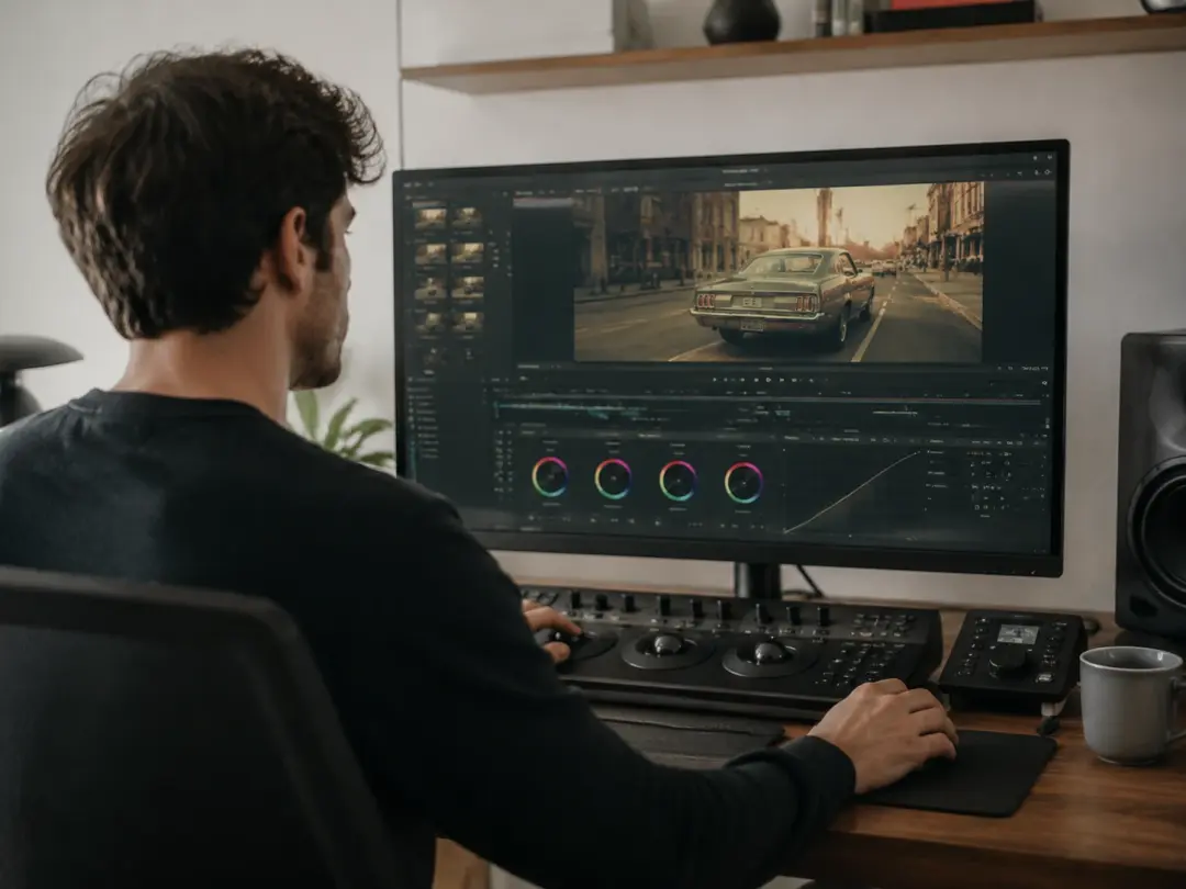 Independent filmmaker at color grading workstation with vintage style