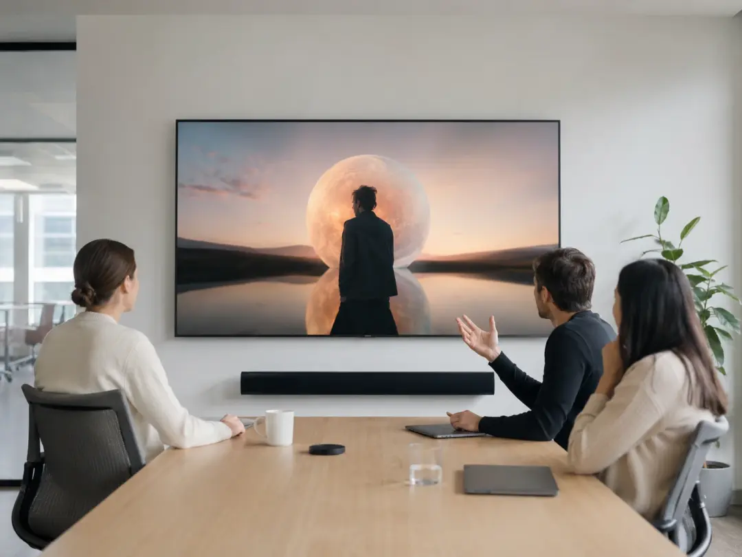 Marketing team reviewing restyled brand video on large screen