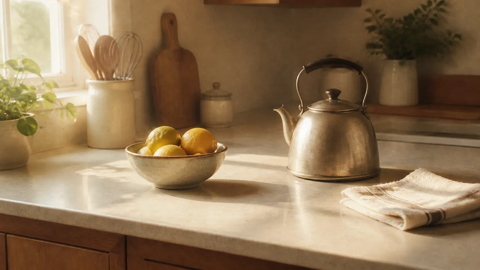 A plain kitchen snapshot arriving finished as a warm faded nostalgic film photograph