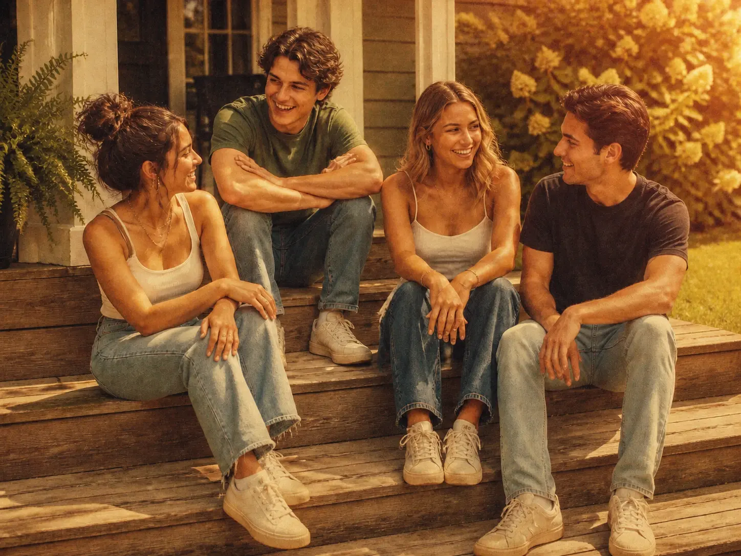 The same porch scene repainted as 70s film with warm grain, faded tones and soft light leaks