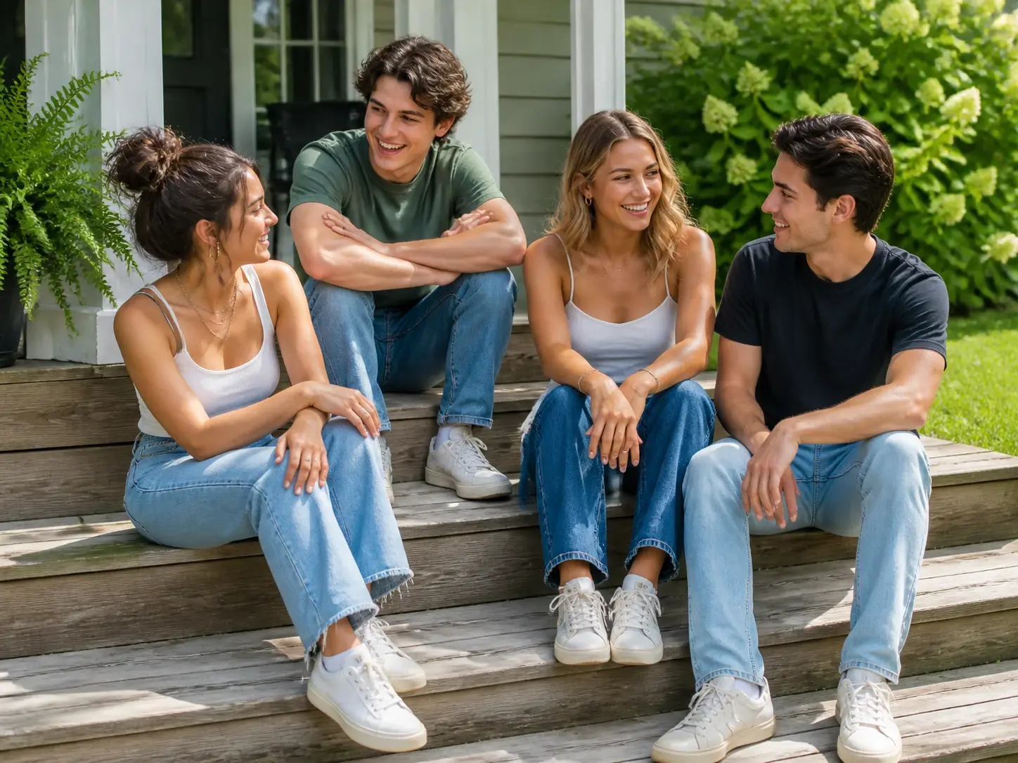 A crisp modern phone snapshot of friends on a porch with clean sharp digital colour