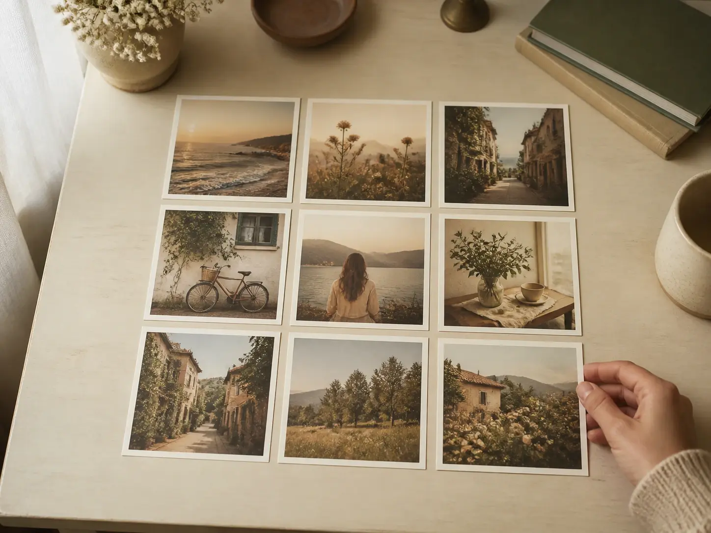 A grid of nine photographs on a desk all carrying the same warm faded decade tone