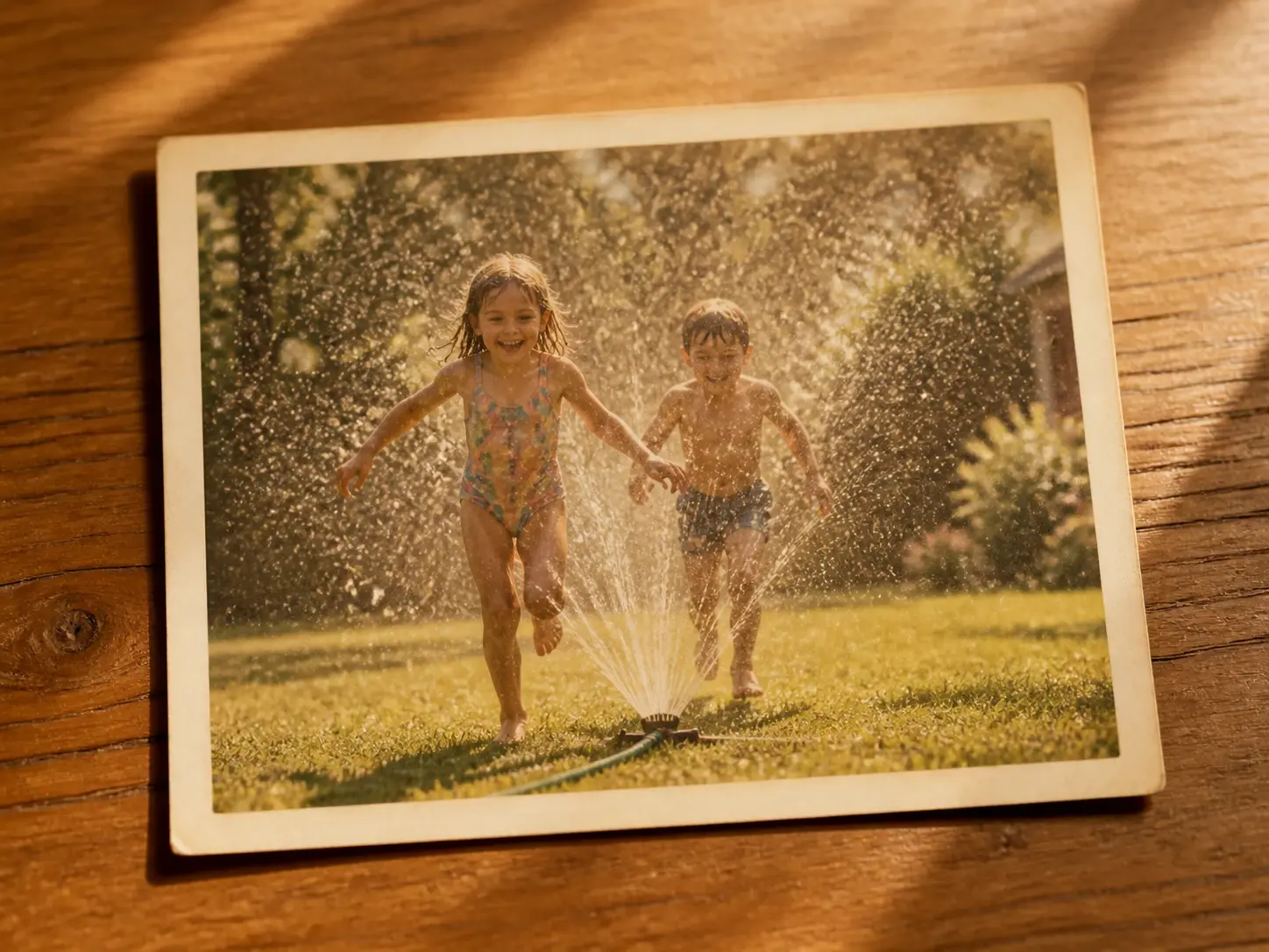 A recent photo printed to look like an aged family album snapshot with soft yellowed edges