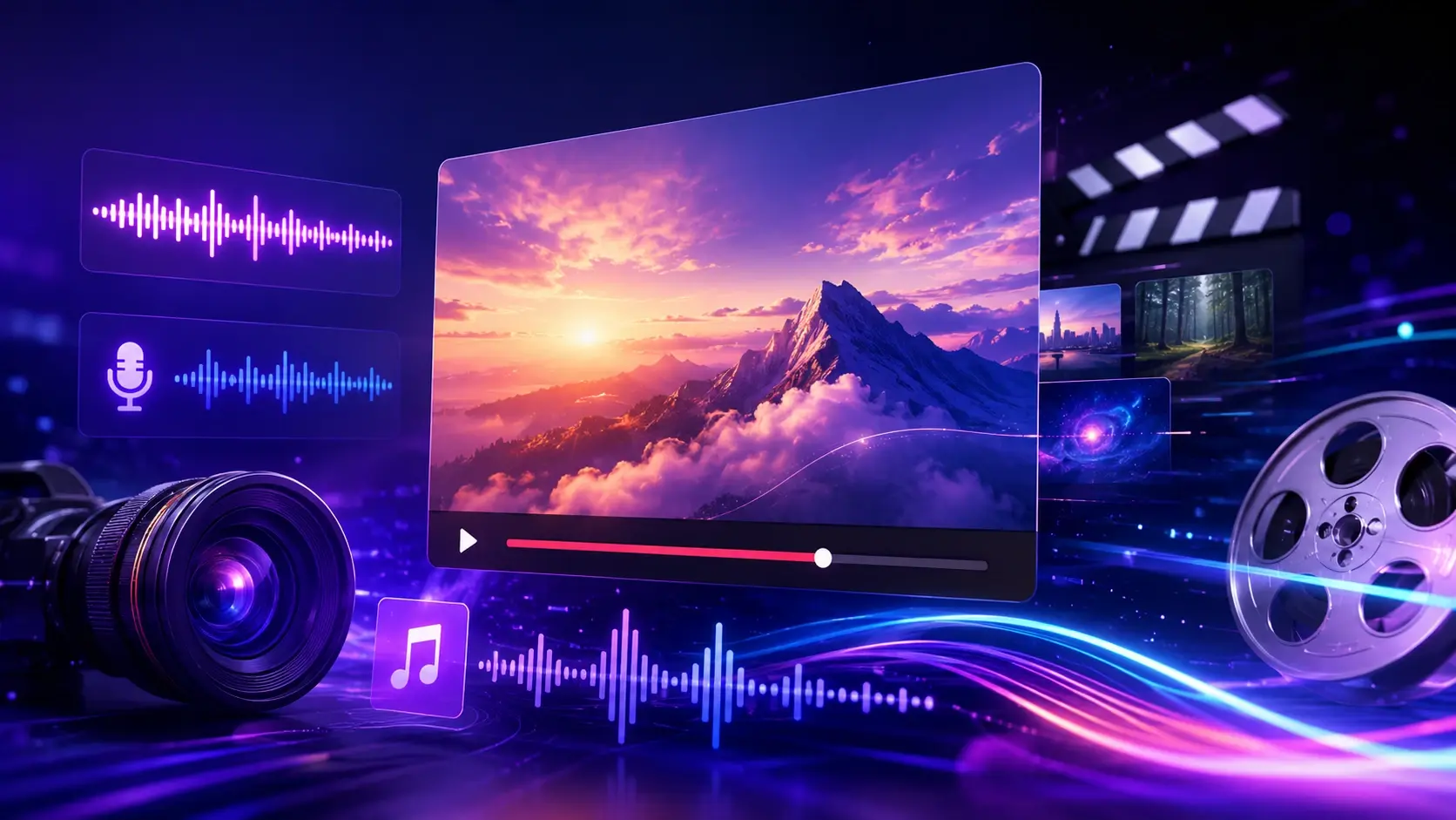 Voiceover track, background music, and camera cues attached to a generated video
