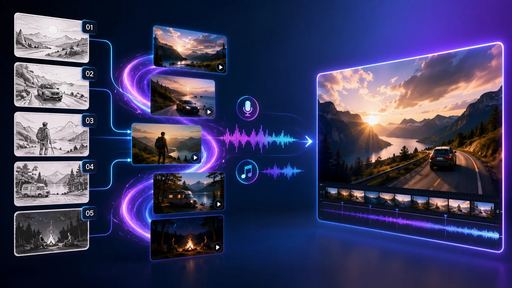 Storyboard script split into timed shots generating a video with voiceover and music