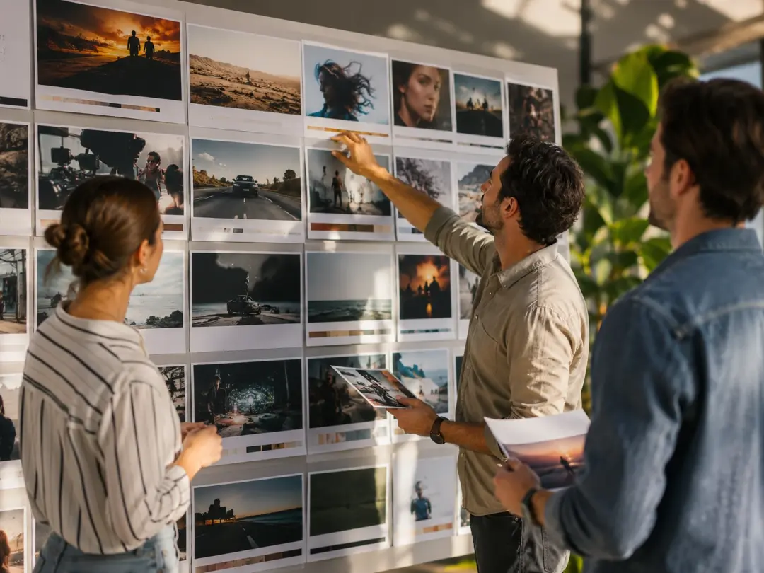 Marketing team arranging brand reference images across a storyboard for an ad