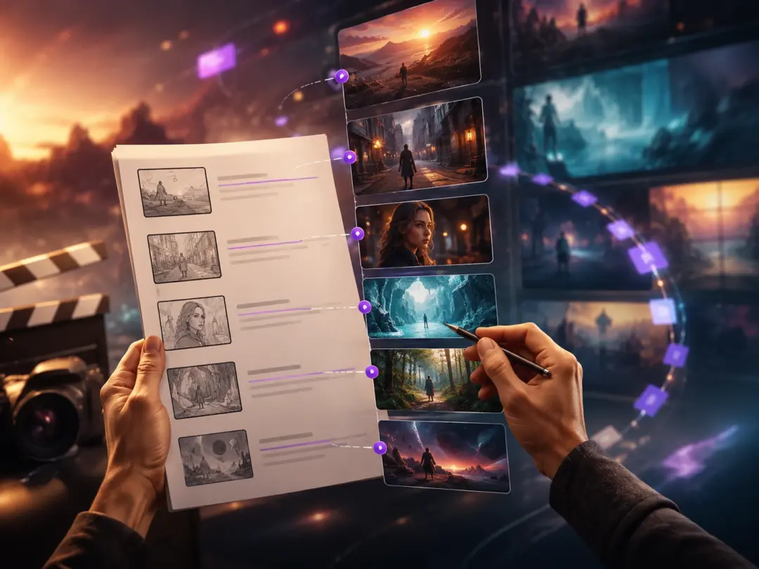 Story creator setting camera cues on timed shots of a script to video project